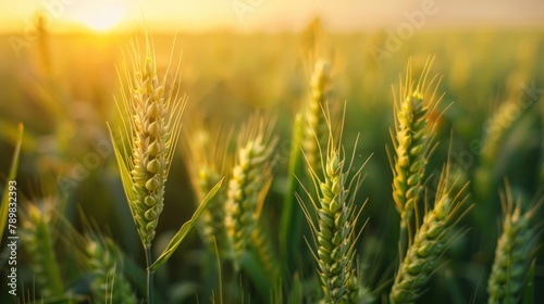 Green wheat on field at sunrays 