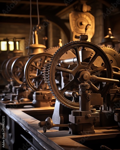 Vintage gears and levers of an old printing press, highlighted in a rustic setting with soft, focused lighting, capturing the heritage and mechanical beauty, Rembrandt lighting