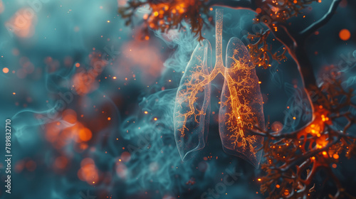 the microscopic view of particles infiltrating the delicate lung tissue, emphasizing the destructive impact of smoking on respiratory health 