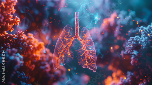 the microscopic view of particles infiltrating the delicate lung tissue, emphasizing the destructive impact of smoking on respiratory health  photo