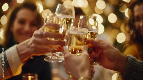 Friends clinking champagne glasses  celebrating with bokeh background