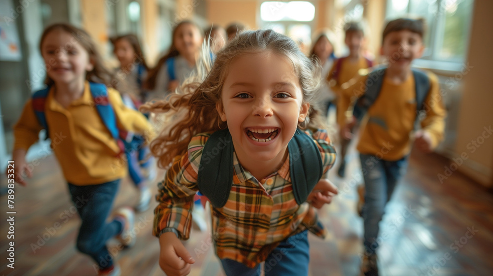 Cheerful children run along the corridors of the school. Cheerful children run along the corridors of the school.