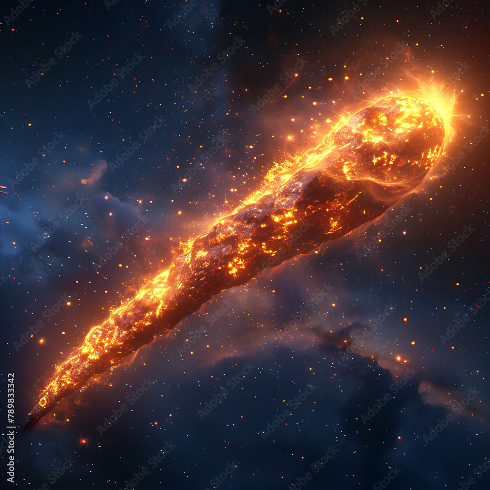 A brilliant flaming meteor with glowing molten tail streaking across the night sky. Generative Ai