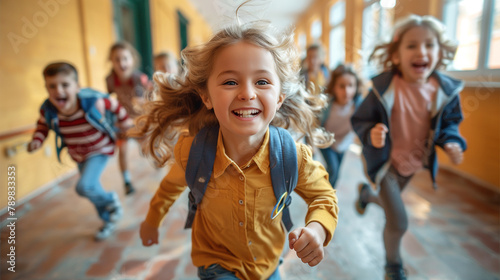 Cheerful children run along the corridors of the school.