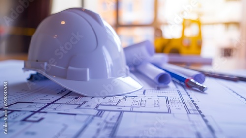 White safety helmet on architectural blueprints with blurred construction site in background.