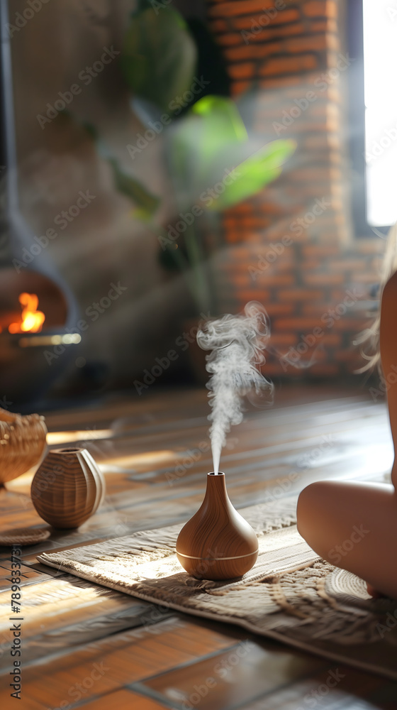 An aromatherapy diffuser on a tatami mat releases a gentle stream of vapor in a room, creating a relaxing atmosphere for a yoga session.
An aromatherapy diffuser on a tatami mat releases a gentle stream of vapor in a room, creating a relaxing atmosphere for a yoga session.