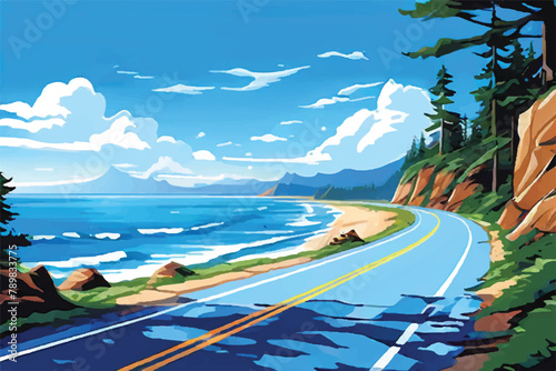 Summer road trip adventure, a scenic coastal highway, with winding roads, breathtaking ocean views, and a clear blue sky. Vector Illustration.  © Usama