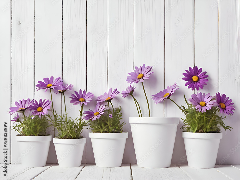 White old vintage wooden wall decorated with purple Daisy in white  pots for background