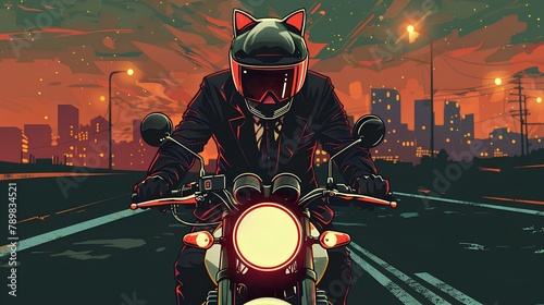 A biker man riding a motorcycle on the road at night illustration
