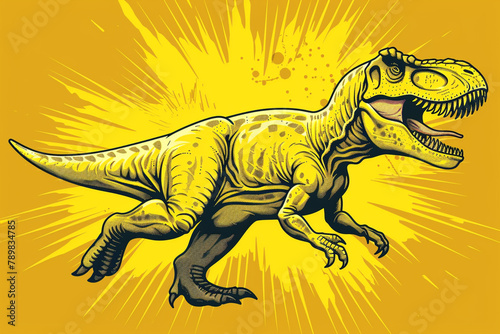 Energetic yellow Tyrannosaurus logo, radiating positivity and excitement. © Usama
