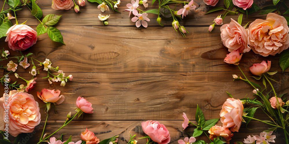 Colourful roses flowers on rustic wood background with copyspace in the center. Pink garden rose flowers for gardening enthusiasts. Banner for Mother’s Day, Birthday, Valentine’s Day with copy space. 