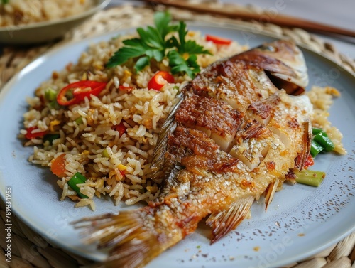 Fried rice with crispy gourami fish! It's a tasty and satisfying dish, combining the savory flavors of fried rice with the crunchiness of crispy gourami fish. Let's enjoy this delicious 