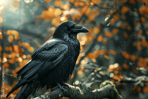 A sleek black raven perched on a branch, its feathers glistening in the sunlight.