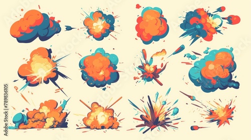 2d icons portraying cartoon doodle bomb explosions comic clouds smoke boom bubbles burst effects and dynamite TNT or atomic bomb mushroom explosions and crashes