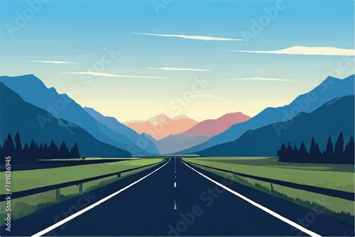 Road landscape. Beautiful Landscape showing view of a road leading to mountains. Landscape of a highway with mountains in the background. vacation trip. Vector Illustration. © Usama