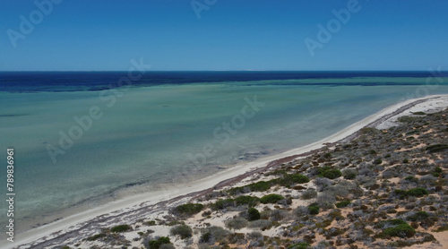 Drone photo  surroundings of Denham  Western Australia.  Westernmost publicly accessible town in Australia. Located in Shark Bay  Malgana  Gathaagudu  World Heritage