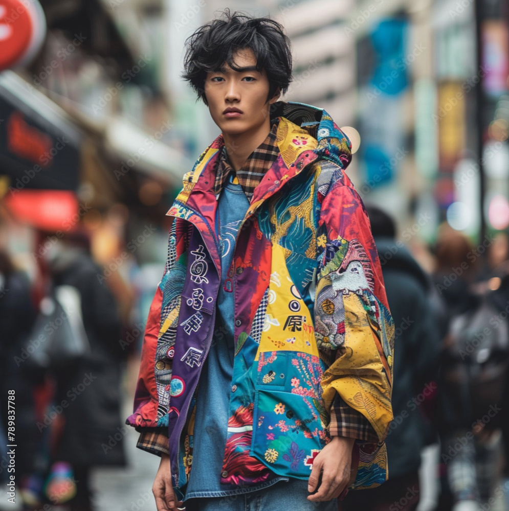 Japanese male fashion model in oversise jeans and baggy colourful jacket