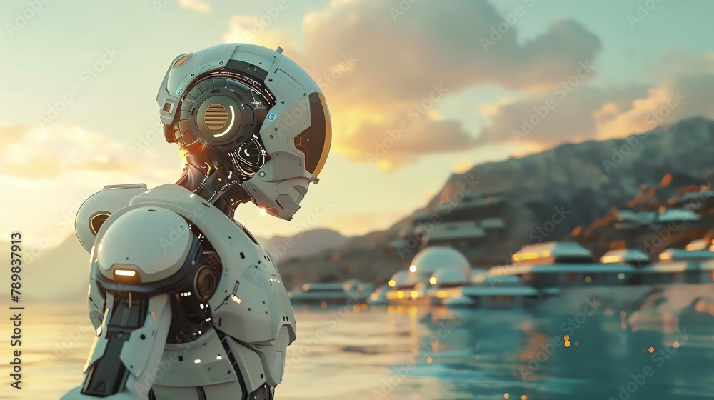 Capture the essence of futuristic utopian dreams in a side view scene, blending intricate robotics advancements seamlessly Traditional art medium, showcasing a harmonious blend of human imagination an Capture the essence of futuristic utopian dreams in a side view scene, blending intricate robotics advancements seamlessly Traditional art medium, showcasing a harmonious blend of human imagination an