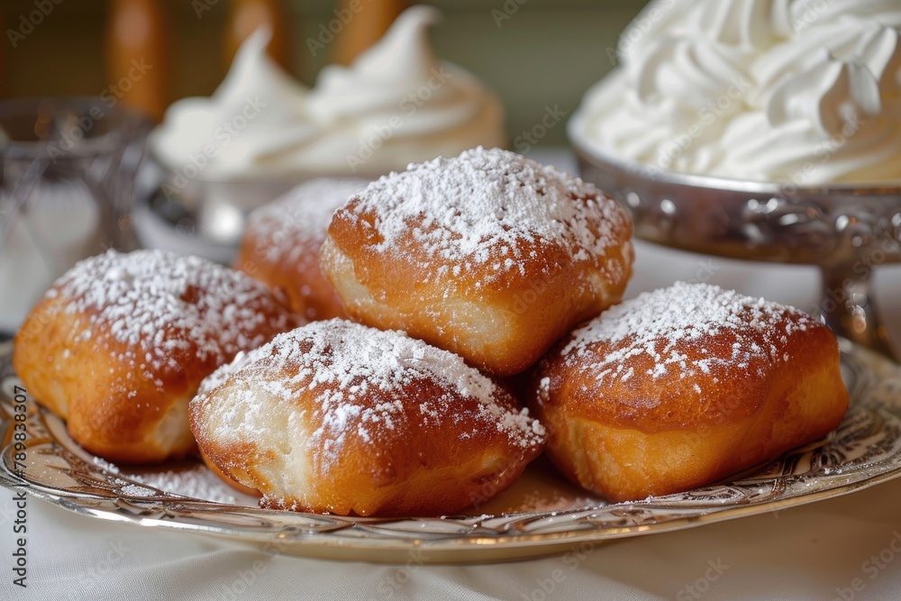 Beignets sprinkled with powdered sugar arranged on a plate in vintage style Beignets sprinkled with powdered sugar arranged on a plate in vintage style