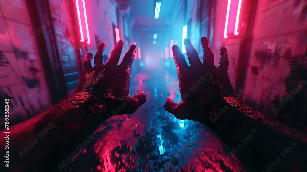 Fototapeta premium Incorporate worms-eye view perspective, showcase futuristic technologies in a spine-chilling manner, and experiment with unexpected camera angles Dive into the darkness, showcasing a VR horror scene t