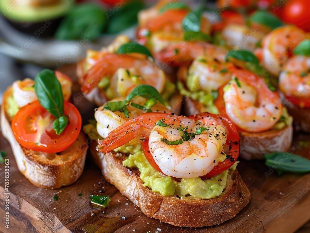 Bruschettas with cherry tomatoes, avocado cream cheese, and shrimps! It's a delicious starter dish, bursting with fresh flavors and vibrant colors. Let's enjoy this tasty food composition together