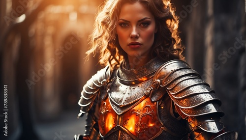 a female orange theme knight warrior on medieval era with glowing armor from Generative AI