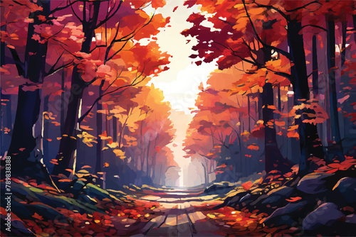 Road through a maple forest. Vector Illustration. An autumnal wonderland in the jungle. Beautiful view of the autumn forest in the morning. Maple forest landscape Illustration. 