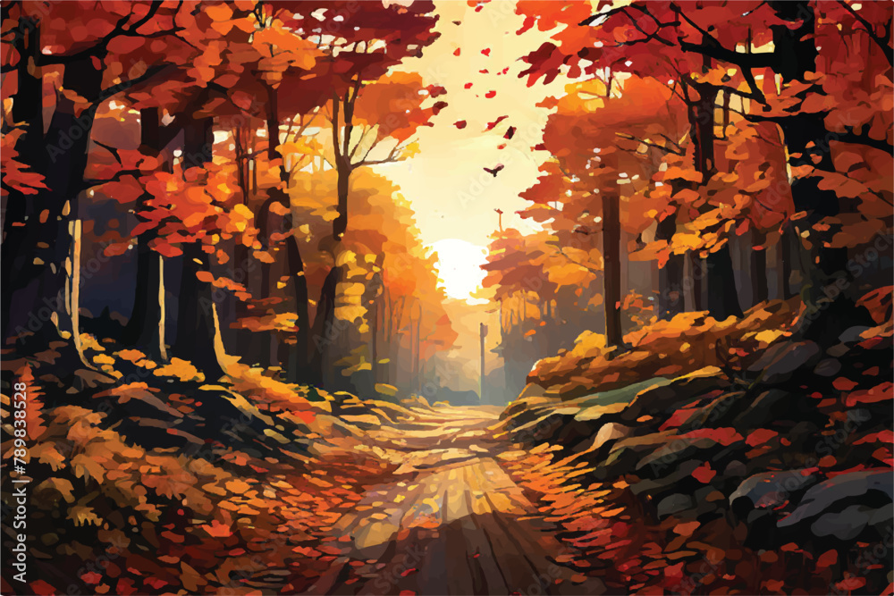 Road through a maple forest. Vector Illustration. An autumnal wonderland in the jungle. Beautiful view of the autumn forest in the morning. Maple forest landscape Illustration.                        