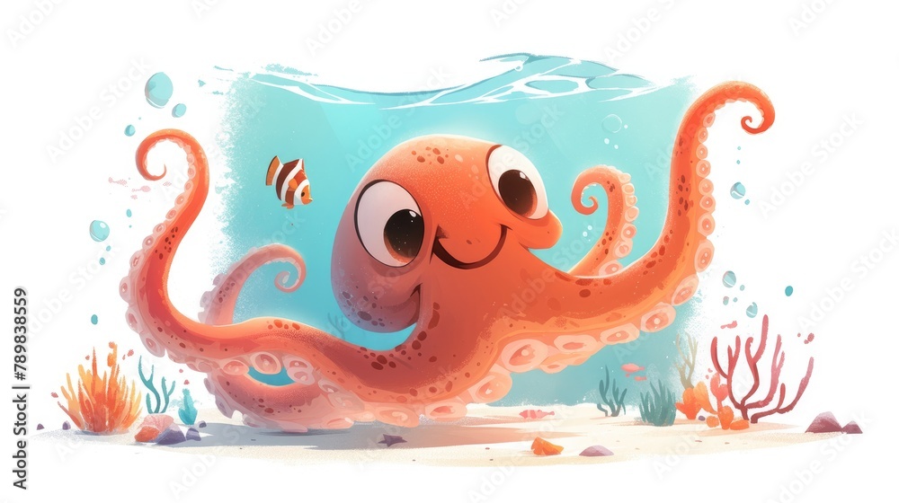 A charming 2d illustration featuring a playful cartoon octopus set against a crisp white backdrop This delightful artwork serves as a perfect fit for a children s book cover capturing the e A charming 2d illustration featuring a playful cartoon octopus set against a crisp white backdrop This delightful artwork serves as a perfect fit for a children s book cover capturing the e