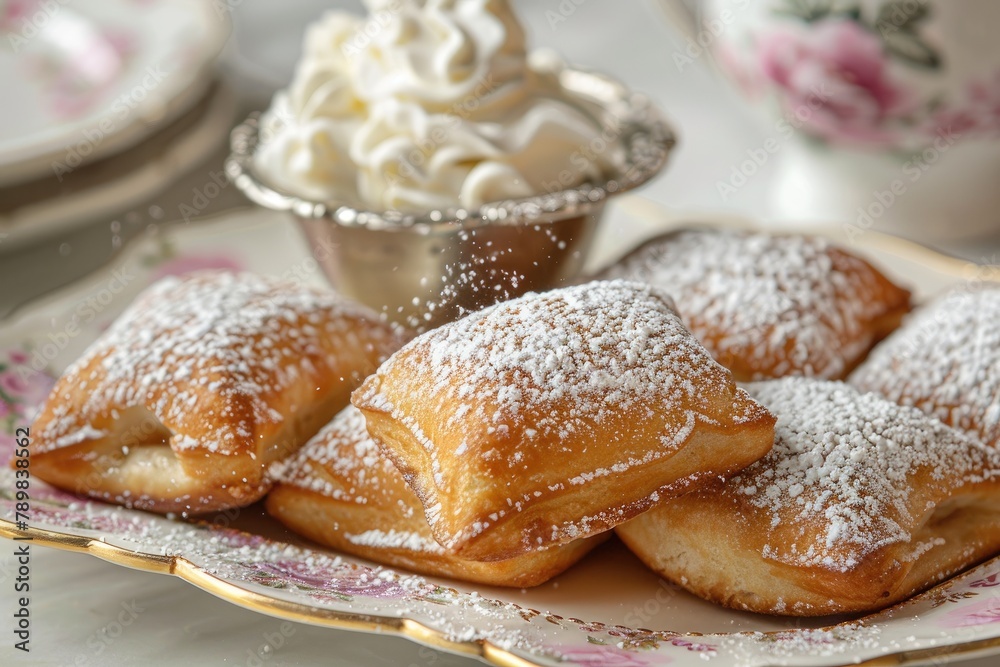 Beignets sprinkled with powdered sugar arranged on a plate in vintage style