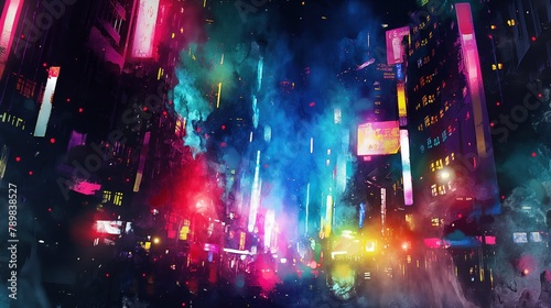 Vivid splashes of neon watercolor electric and dynamic against a dark background photo