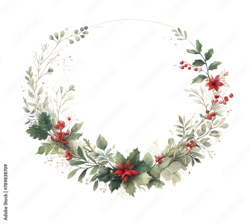Watercolor-style Illustration of Christmas Flowers Foliage for Greeting Card