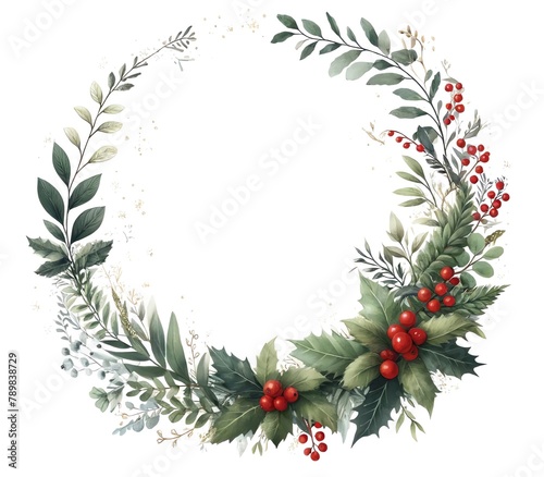 Watercolor-style Illustration of Christmas Foliage for Greeting Card
