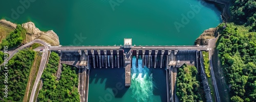 A dramatic overhead view of a dam releasing torrents of water, showcasing human engineering and environmental impact.