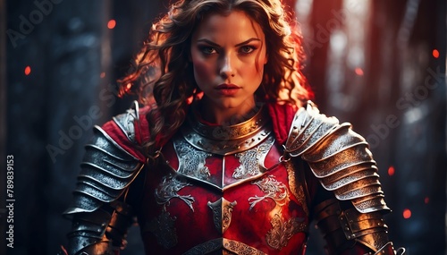 a female red theme knight warrior on medieval era with glowing armor from Generative AI