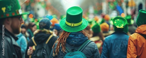 A festive crowd donning green hats gathers to celebrate Saint Patrick's Day, signaling joy and community photo