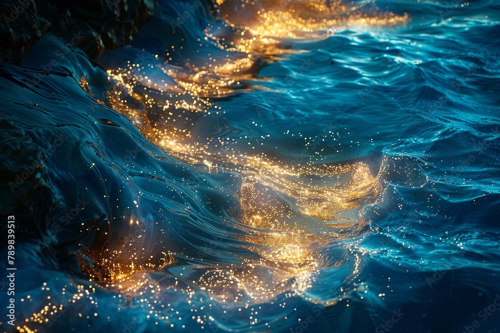 The surreal beauty of bioluminescent plankton illuminating the night sea  , high resulution,clean sharp focus