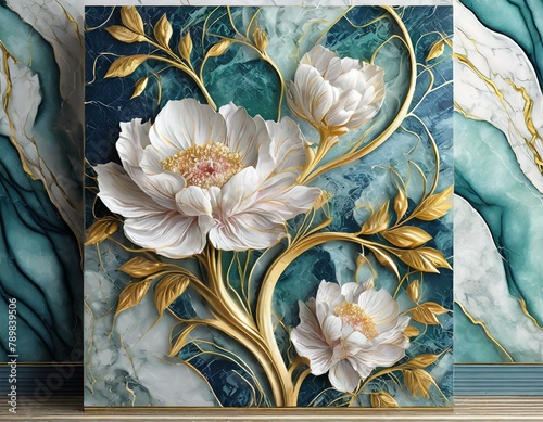 panel wall art, marble background with flowers designs , Ai Generate
