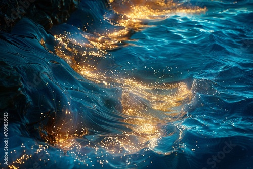 The surreal beauty of bioluminescent plankton illuminating the night sea , high resulution,clean sharp focus