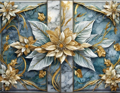 panel wall art, marble background with flowers designs , Ai Generate