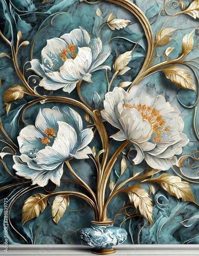 panel wall art, marble background with flowers designs , Ai Generate