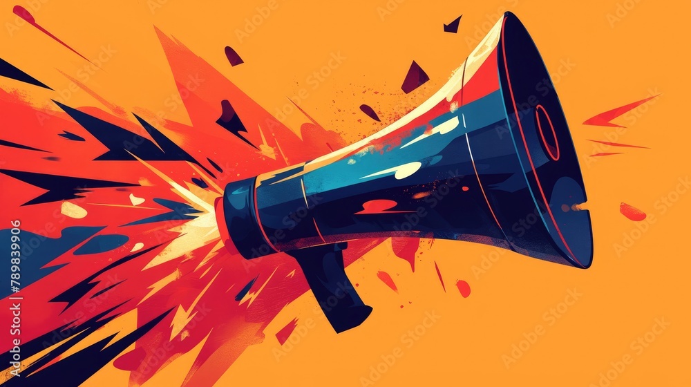 A vibrant 2d cartoon icon of a megaphone in a fun comic style depicting a bold bullhorn sign illustration with a splash effect perfect for conveying the energetic concept in business settin
