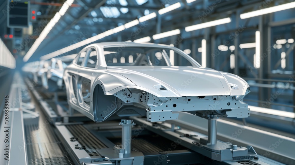 A robotic conveyor belt transporting car frames through various stages of assembly.