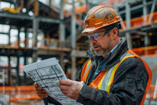 engineer in safety gear reviewing blueprints at a dynamic construction site,