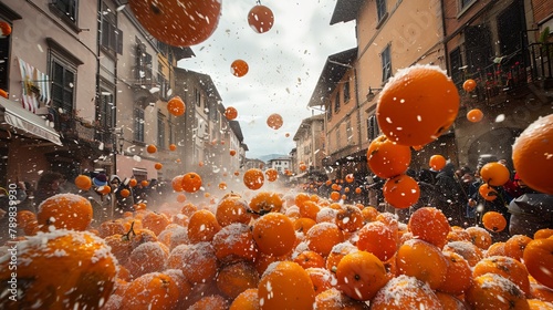Battle of the Oranges in Ivrea, Italy, traditional fruit-throwing festival photo
