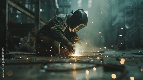 A skilled welder meticulously fuses metal, bathed in sparks and light, shaping the future of construction and manufacturing. photo