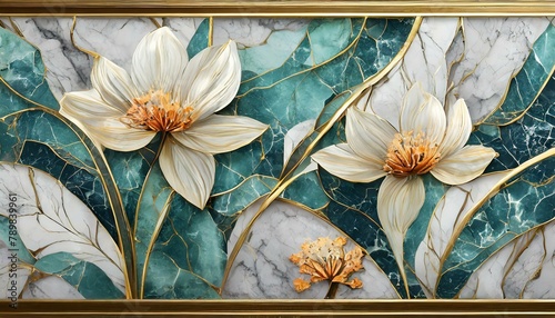 panel wall art, marble background with flowers designs , Ai Generate