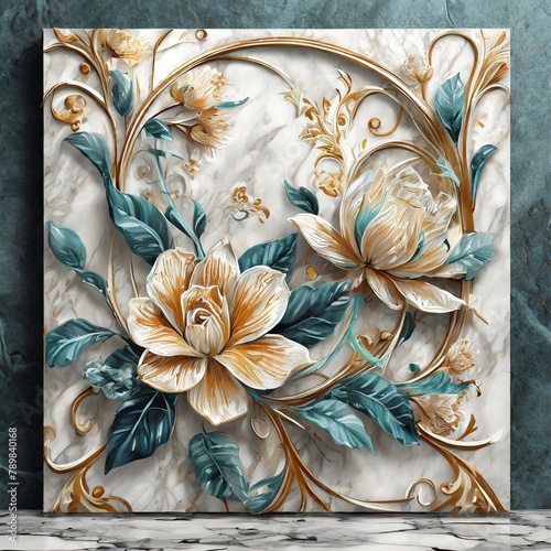 panel wall art, marble background with flowers designs , Ai Generate