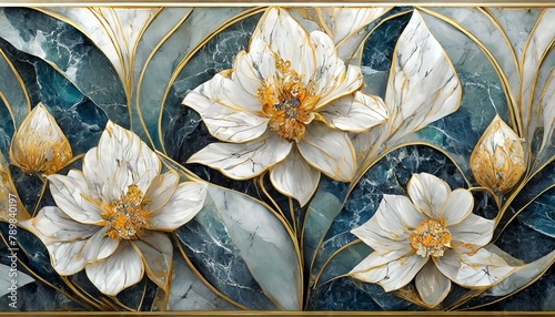 panel wall art, marble background with flowers designs , Ai Generate
