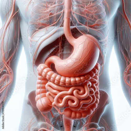 The illustration shows the anatomical structure of the stomach organ and the male digestive system on a white background. photo